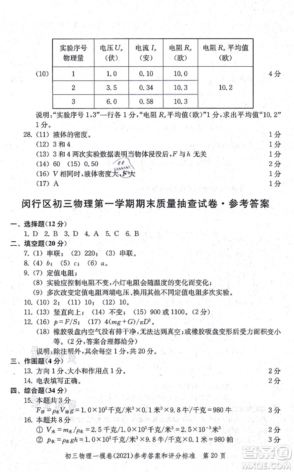 中西書局2021文化課強化訓(xùn)練一模卷九年級物理上冊通用版答案