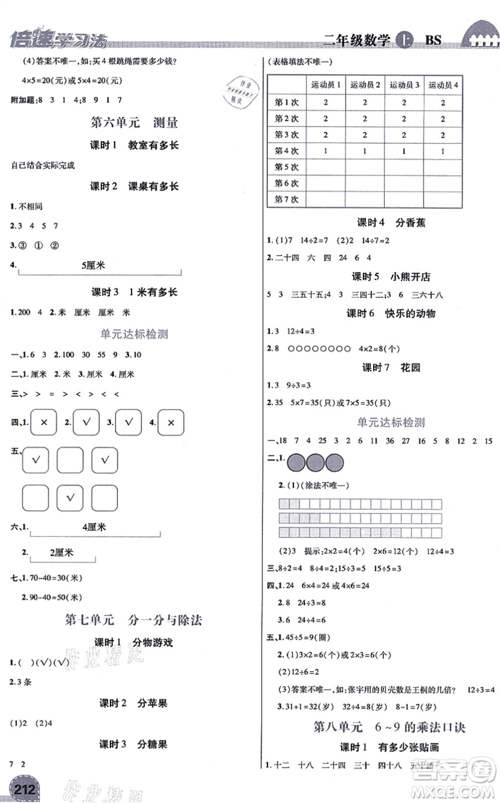 開明出版社2021倍速學(xué)習(xí)法二年級數(shù)學(xué)上冊BS北師版答案