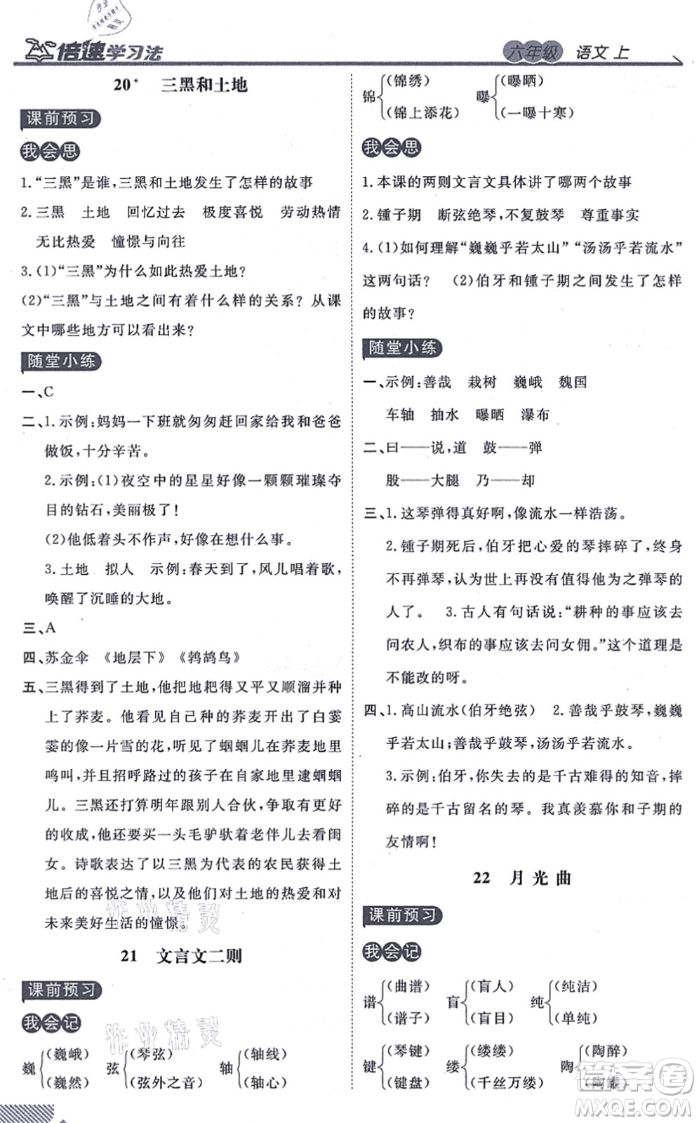 開明出版社2021倍速學(xué)習(xí)法六年級語文上冊人教版答案