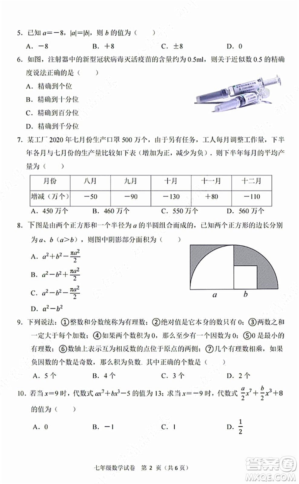 2021-2022學(xué)年度武漢洪山區(qū)七年級上期中考試數(shù)學(xué)試卷及答案