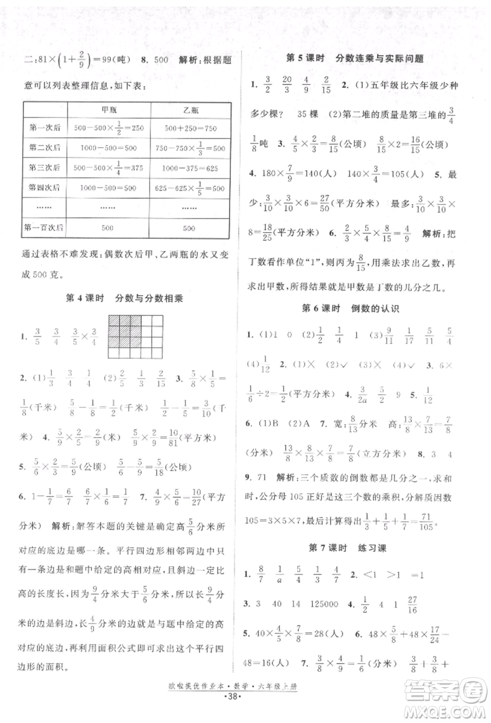 江蘇鳳凰美術(shù)出版社2021歐拉提優(yōu)作業(yè)本六年級數(shù)學(xué)上冊蘇教版參考答案