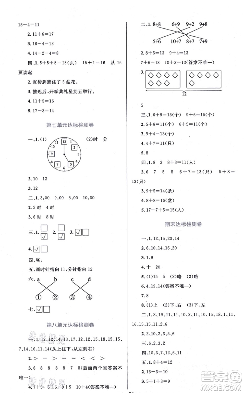 知識出版社2021小學(xué)同步測控全優(yōu)設(shè)計超人天天練一年級數(shù)學(xué)上冊RJ人教版答案