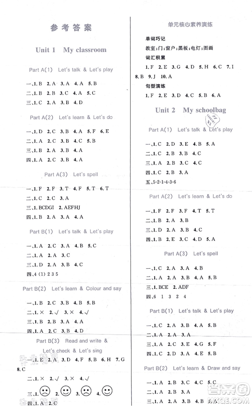 知識出版社2021小學同步測控全優(yōu)設計超人天天練四年級英語上冊RJ人教版答案