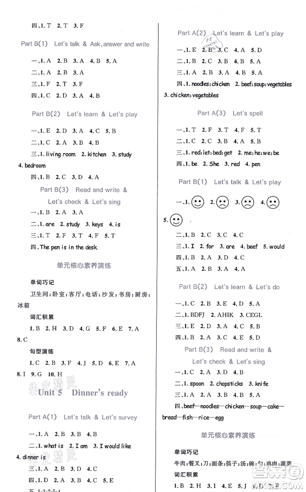 知識出版社2021小學同步測控全優(yōu)設計超人天天練四年級英語上冊RJ人教版答案