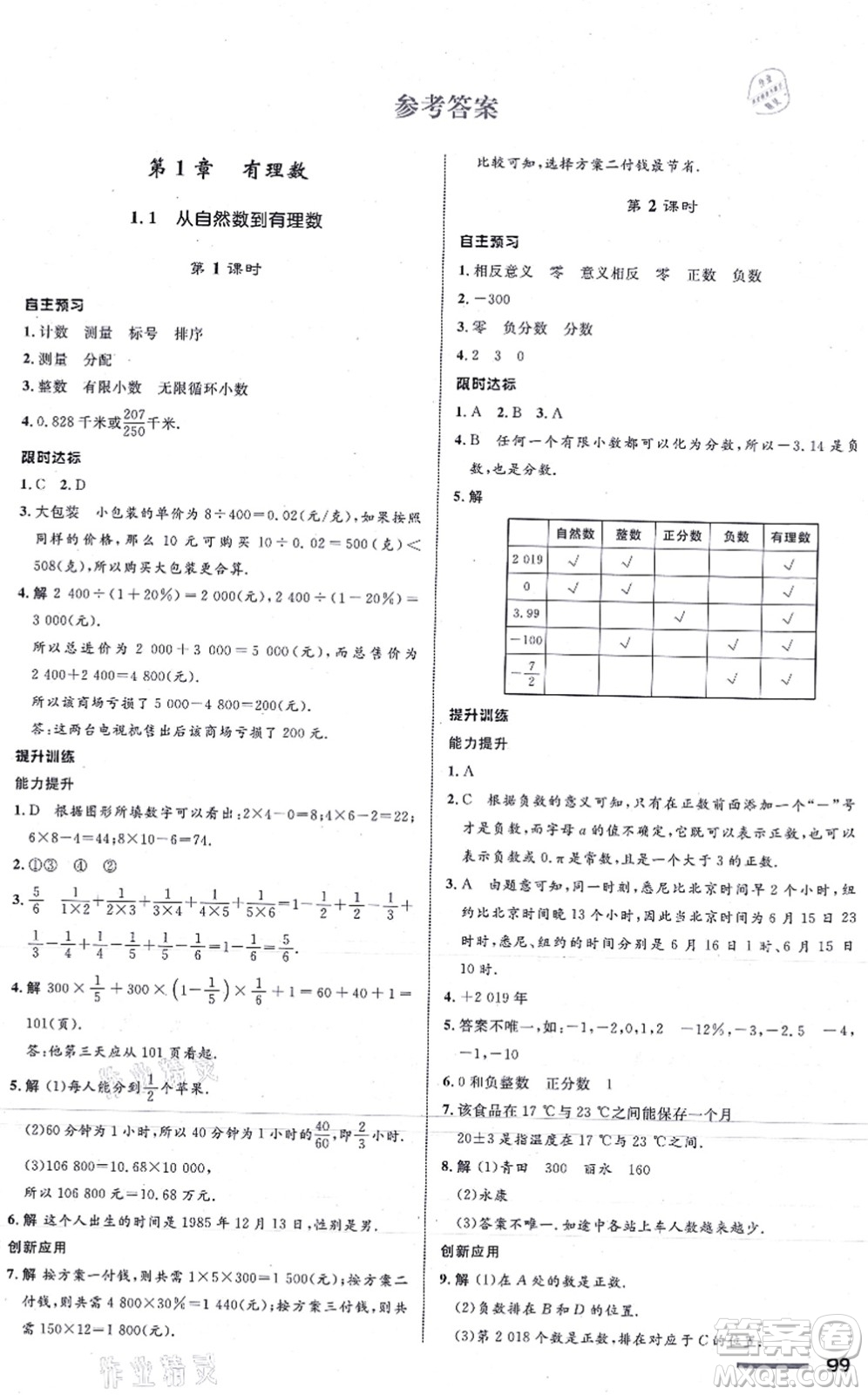 浙江教育出版社2021初中同步測控全優(yōu)設(shè)計(jì)七年級(jí)數(shù)學(xué)上冊(cè)ZH浙教版浙江專版答案