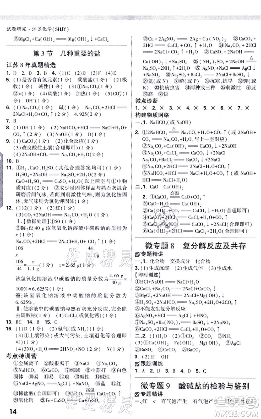 新疆青少年出版社2021萬唯中考試題研究九年級化學SHJY滬教版江蘇專版答案