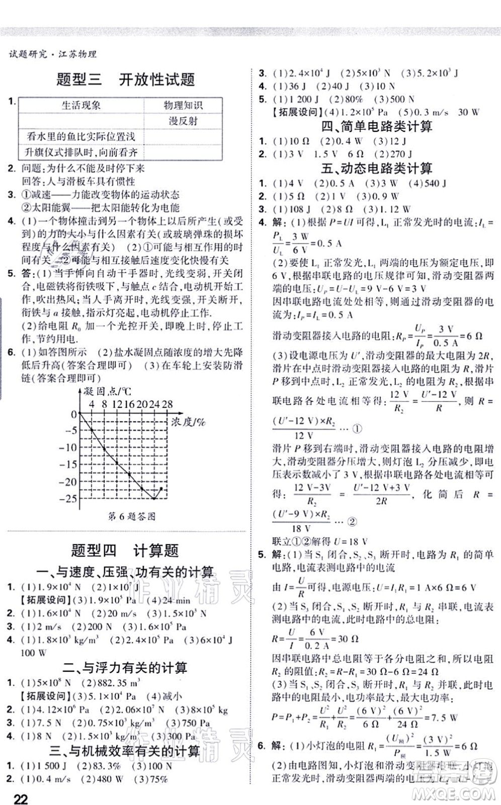 新疆青少年出版社2021萬唯中考試題研究九年級物理SK蘇科版江蘇專版答案