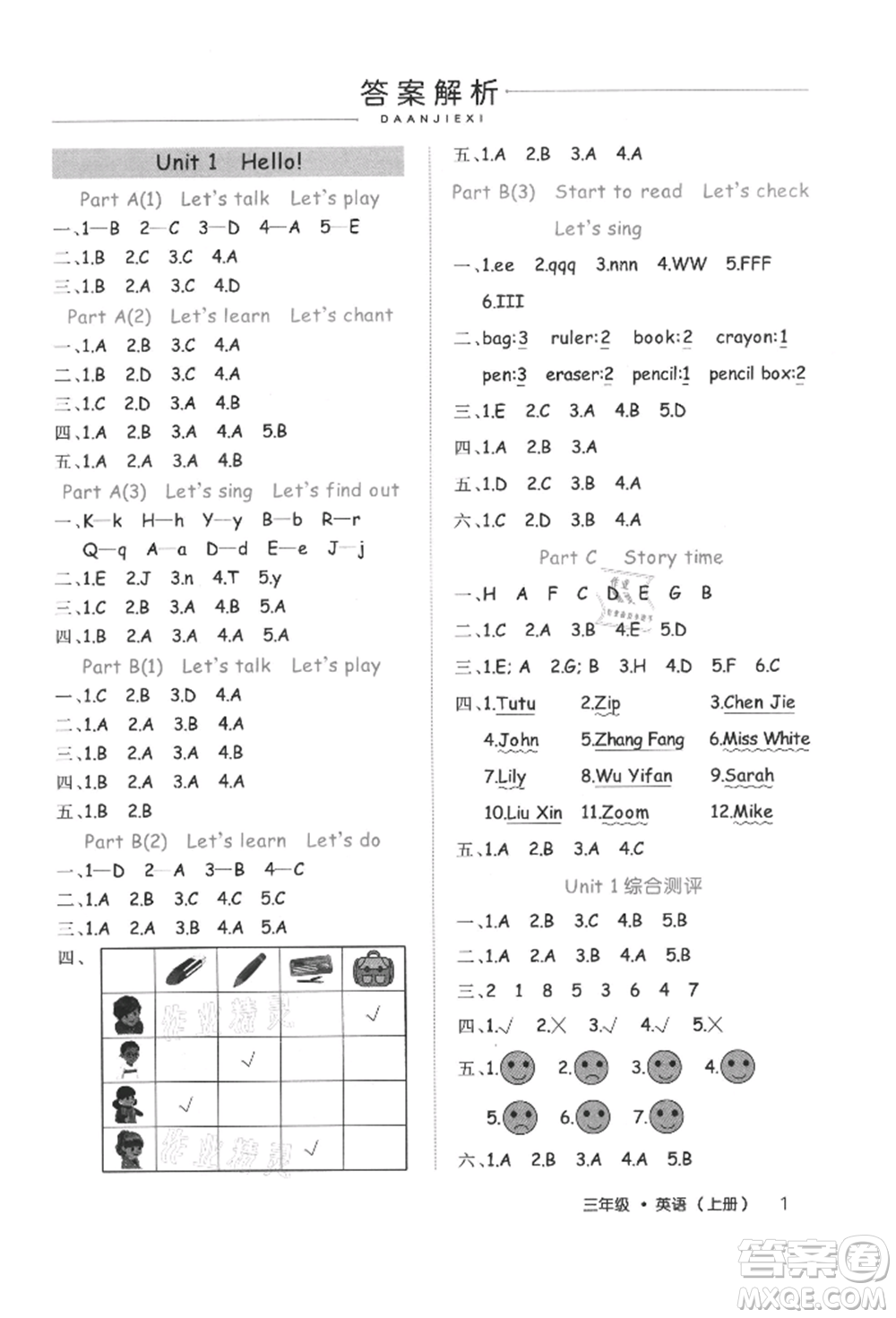 內(nèi)蒙古少年兒童出版社2021細解巧練三年級英語上冊人教版參考答案