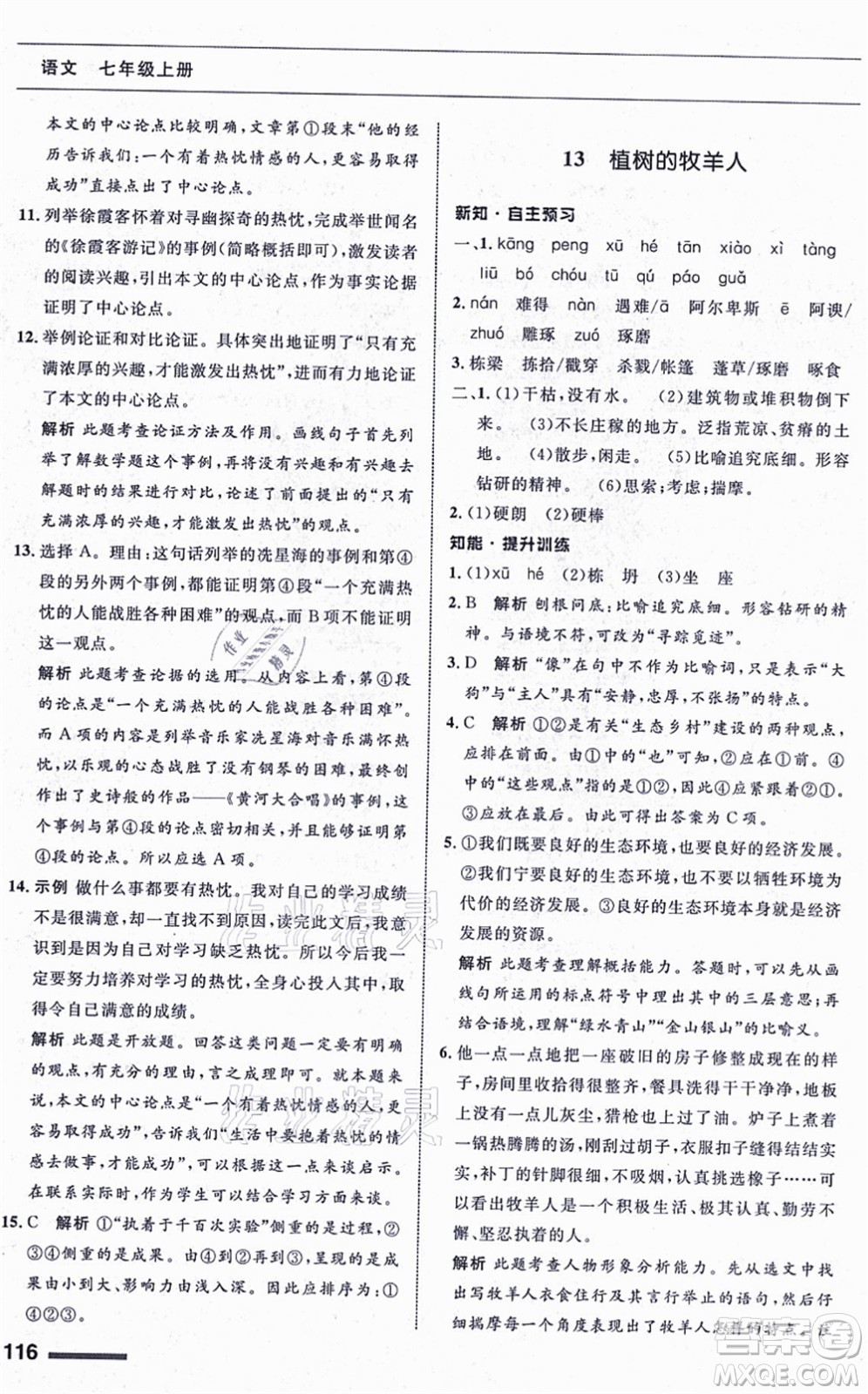 甘肅少年兒童出版社2021語文配套綜合練習(xí)七年級上冊人教版答案