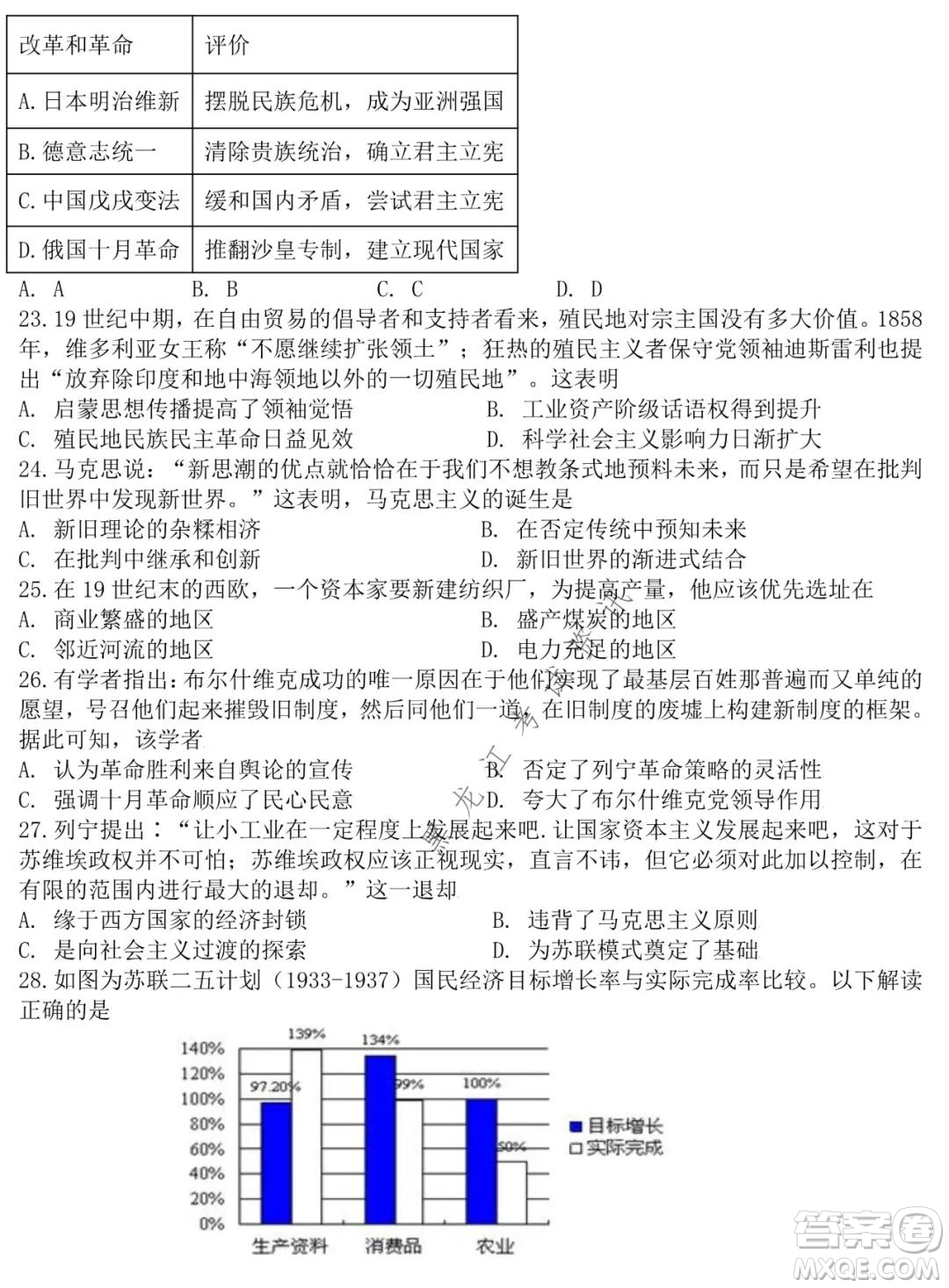 哈師大附中2020級(jí)高二上學(xué)期期中考試歷史試卷及答案