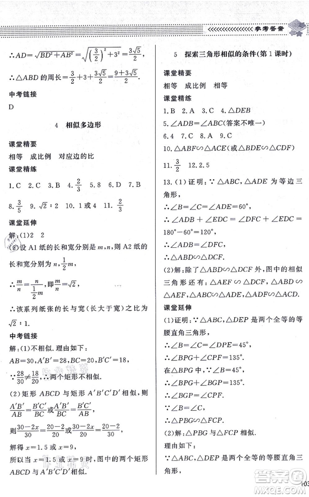 北京師范大學出版社2021數學配套綜合練習九年級上冊北師大版答案