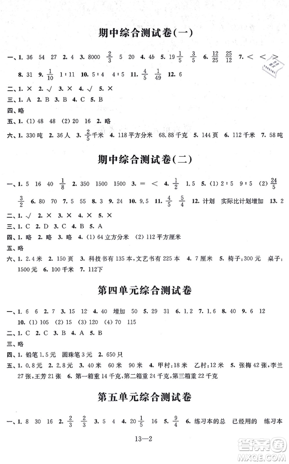 江蘇鳳凰科學(xué)技術(shù)出版社2021同步練習(xí)配套試卷六年級數(shù)學(xué)上冊人教版答案