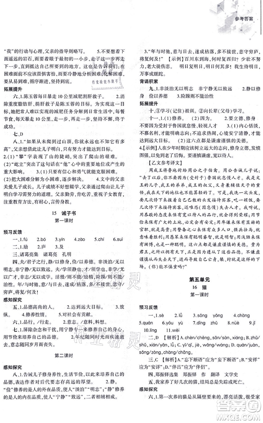 大象出版社2021初中同步練習(xí)冊(cè)七年級(jí)語(yǔ)文上冊(cè)人教版答案