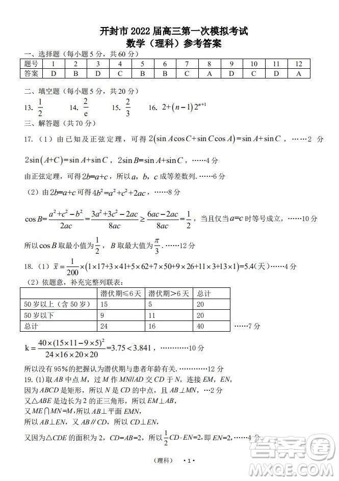 開封市2022屆高三第一次模擬考試?yán)砜茢?shù)學(xué)試題與答案