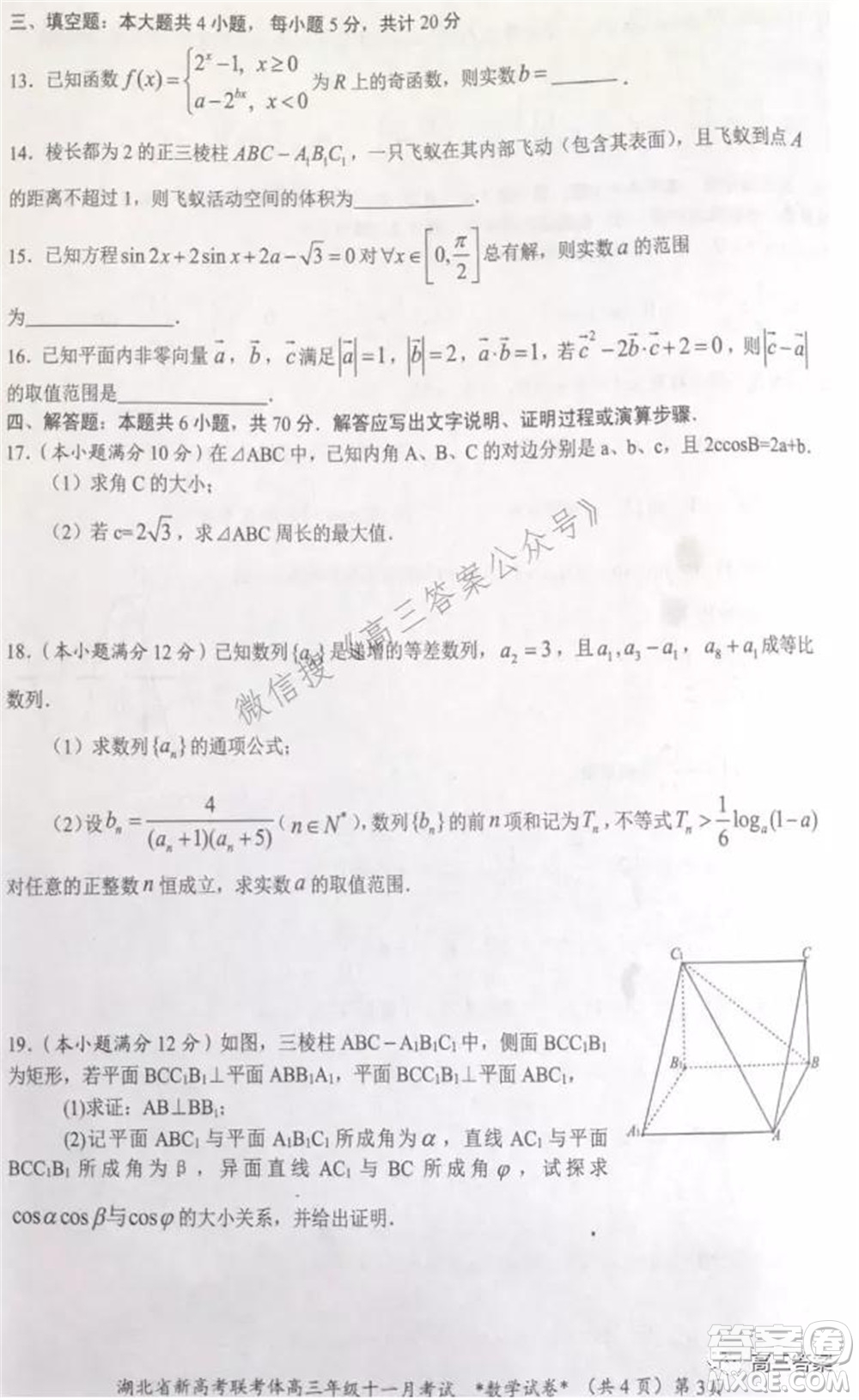 2021年湖北省新高考協(xié)作體高三年級十一月考試數(shù)學(xué)試題及答案