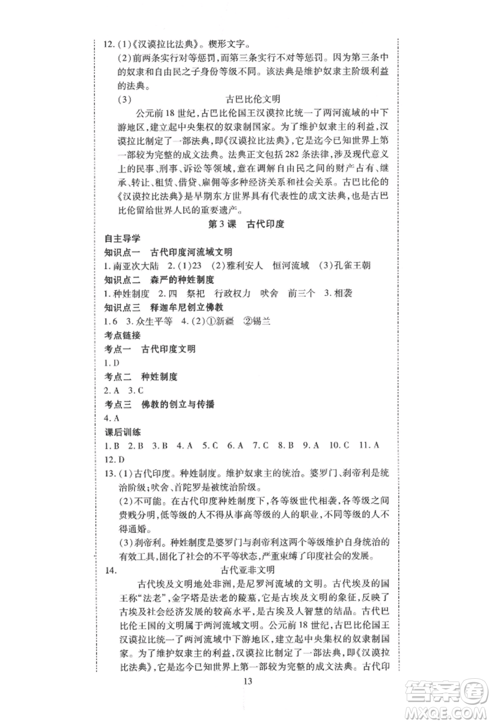 延邊教育出版社2021暢行課堂九年級歷史上冊人教版山西專版參考答案