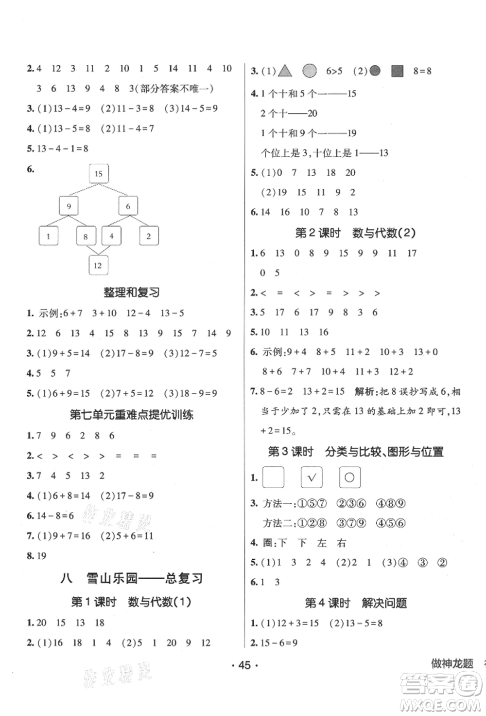 新疆青少年出版社2021同行課課100分過關作業(yè)一年級數學上冊54制青島版參考答案