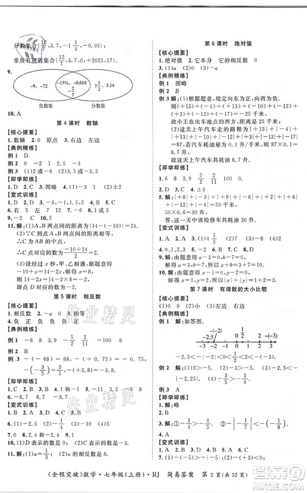 延邊大學出版社2021思而優(yōu)教育全程突破七年級數(shù)學上冊R人教版答案