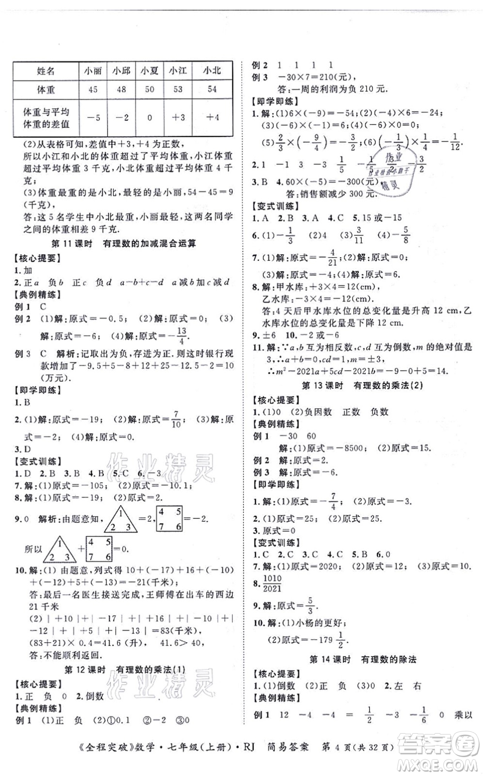 延邊大學出版社2021思而優(yōu)教育全程突破七年級數(shù)學上冊R人教版答案