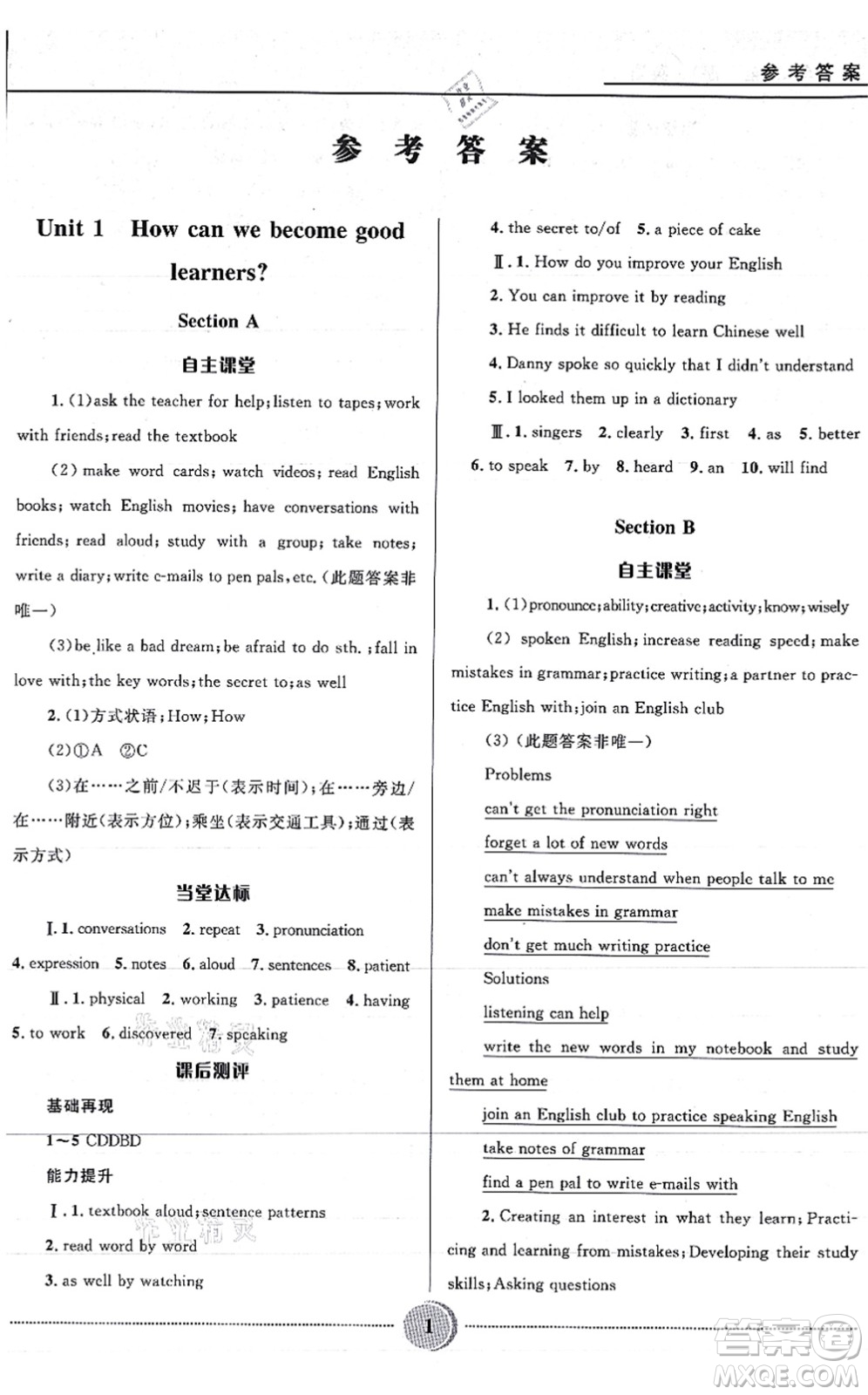 河北少年兒童出版社2021奪冠百分百初中精講精練九年級英語全一冊人教版答案