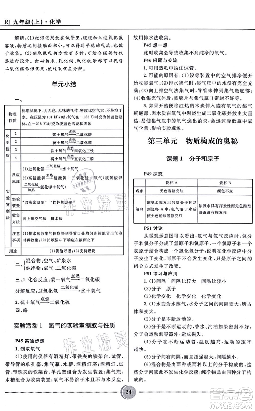 河北少年兒童出版社2021奪冠百分百初中精講精練九年級化學上冊人教版答案