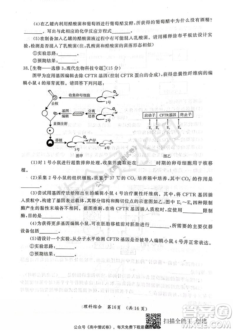 開封市2022屆高三第一次模擬考試理科綜合試題及答案