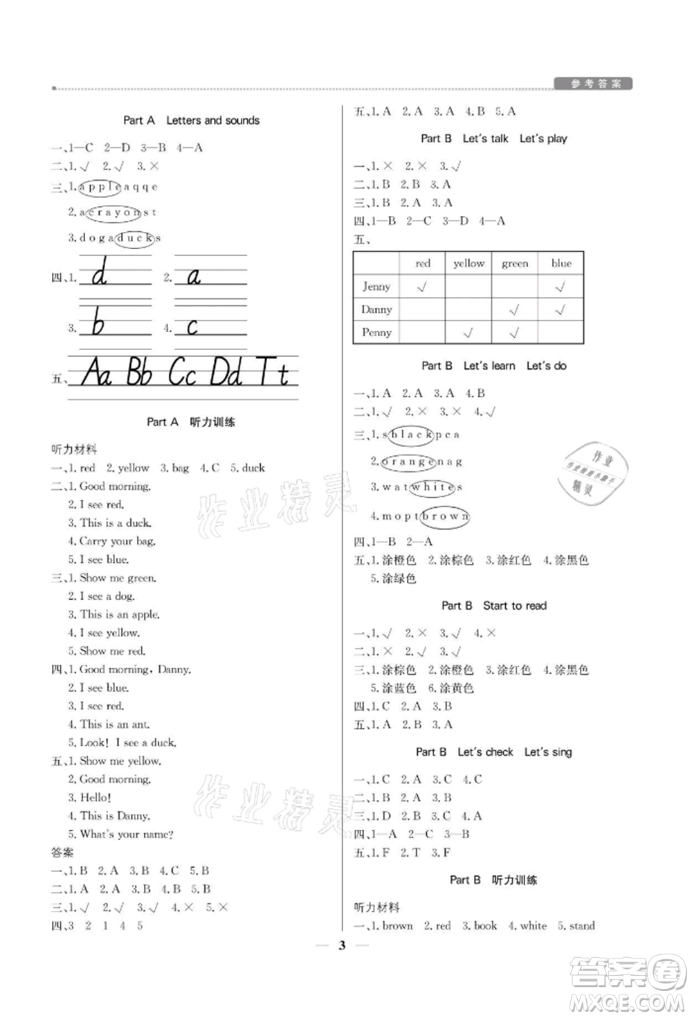 北京教育出版社2021提分教練優(yōu)學(xué)導(dǎo)練測三年級英語上冊人教版參考答案