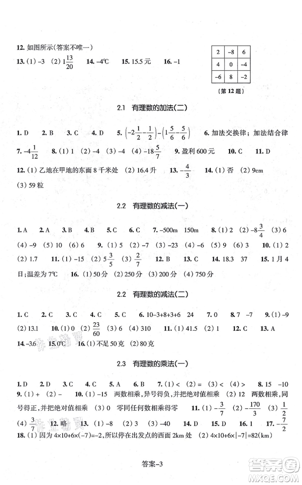 浙江少年兒童出版社2021每課一練七年級數(shù)學(xué)上冊ZH浙教版答案