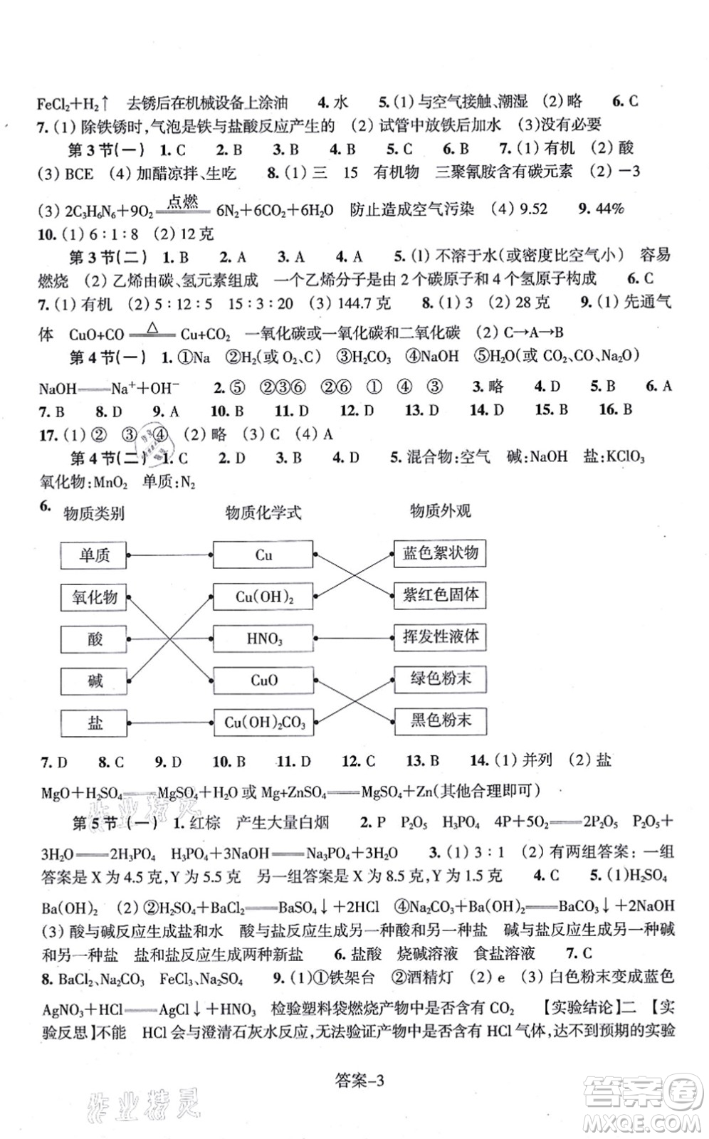 浙江少年兒童出版社2021每課一練九年級科學(xué)上冊ZH浙教版答案