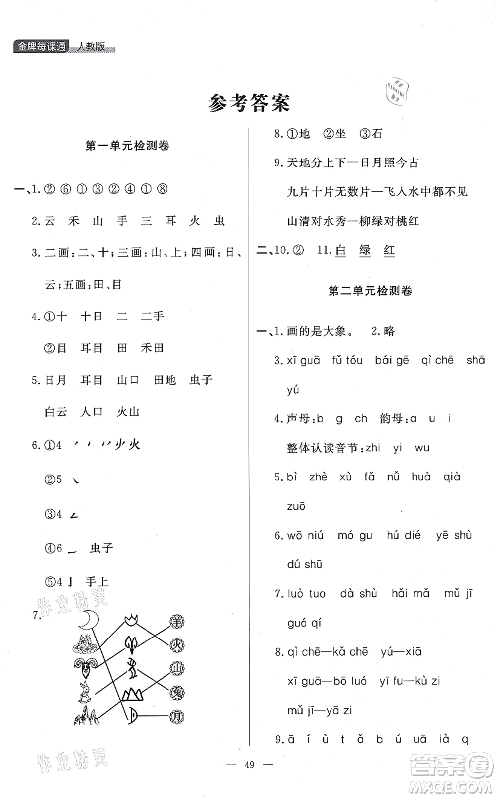 延邊大學(xué)出版社2021點石成金金牌每課通一年級語文上冊人教版大連專版答案