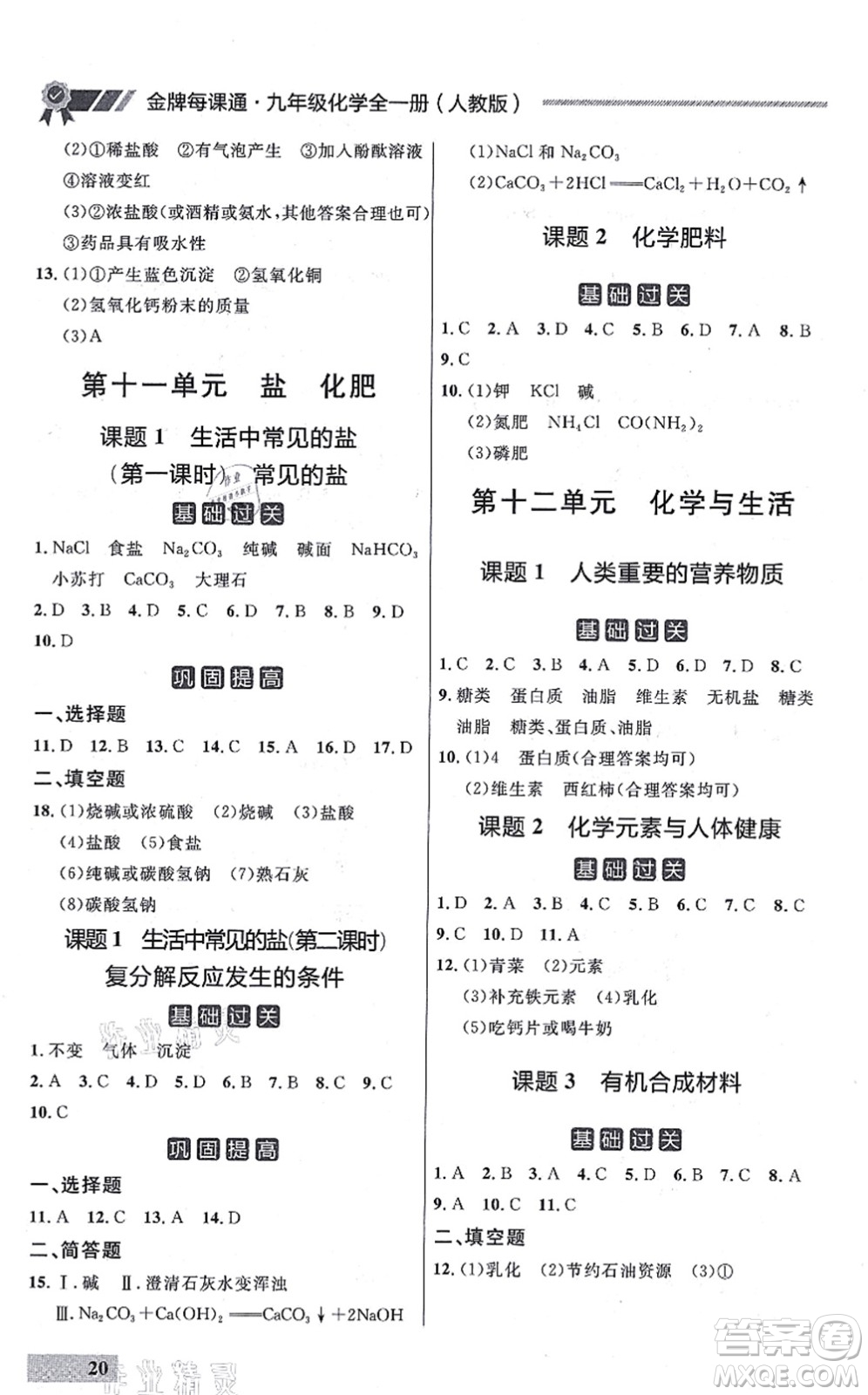 延邊大學(xué)出版社2021點石成金金牌每課通九年級化學(xué)全一冊人教版大連專版答案