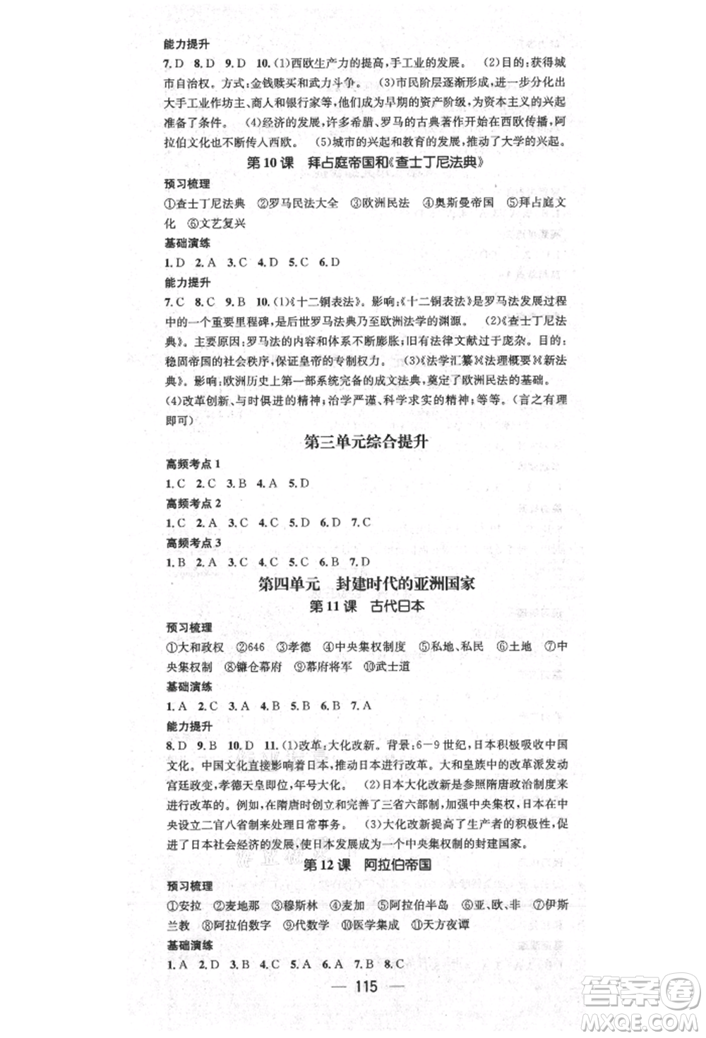 陽(yáng)光出版社2021精英新課堂九年級(jí)歷史上冊(cè)人教版參考答案