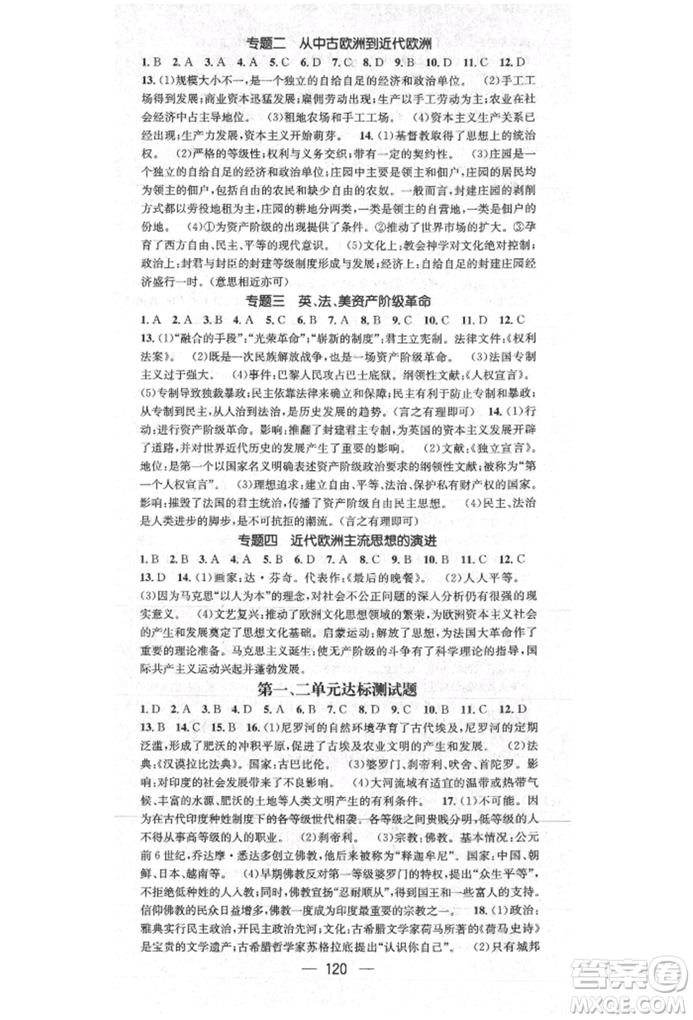 陽(yáng)光出版社2021精英新課堂九年級(jí)歷史上冊(cè)人教版參考答案