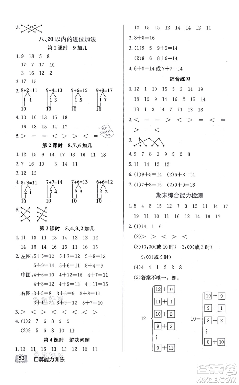 湖北科學(xué)技術(shù)出版社2021小學(xué)數(shù)學(xué)口算能力訓(xùn)練一年級(jí)上冊人教版答案