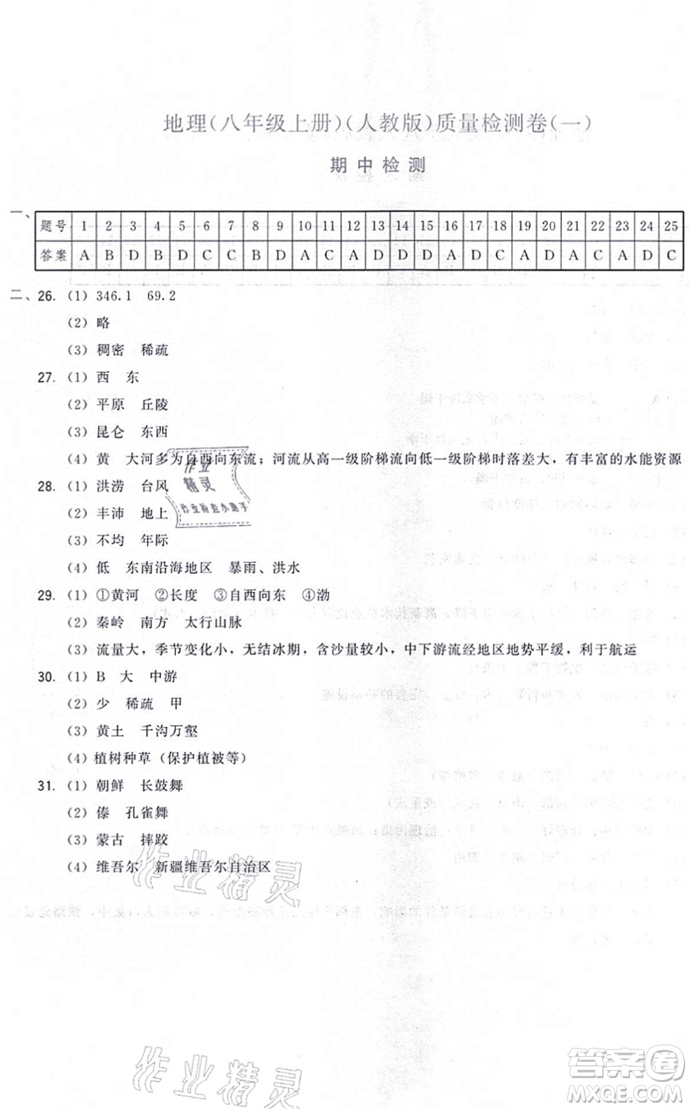 福建人民出版社2021頂尖課課練八年級地理上冊人教版答案