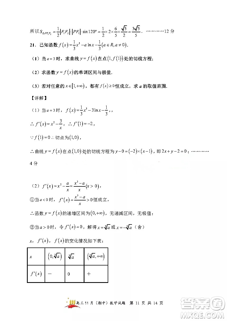 山西大學(xué)附中2021~2022學(xué)年高三第一學(xué)期理科數(shù)學(xué)期中考試試題及答案