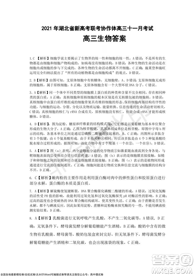 2021年湖北省新高考協(xié)作體高三年級十一月考試生物試題及答案