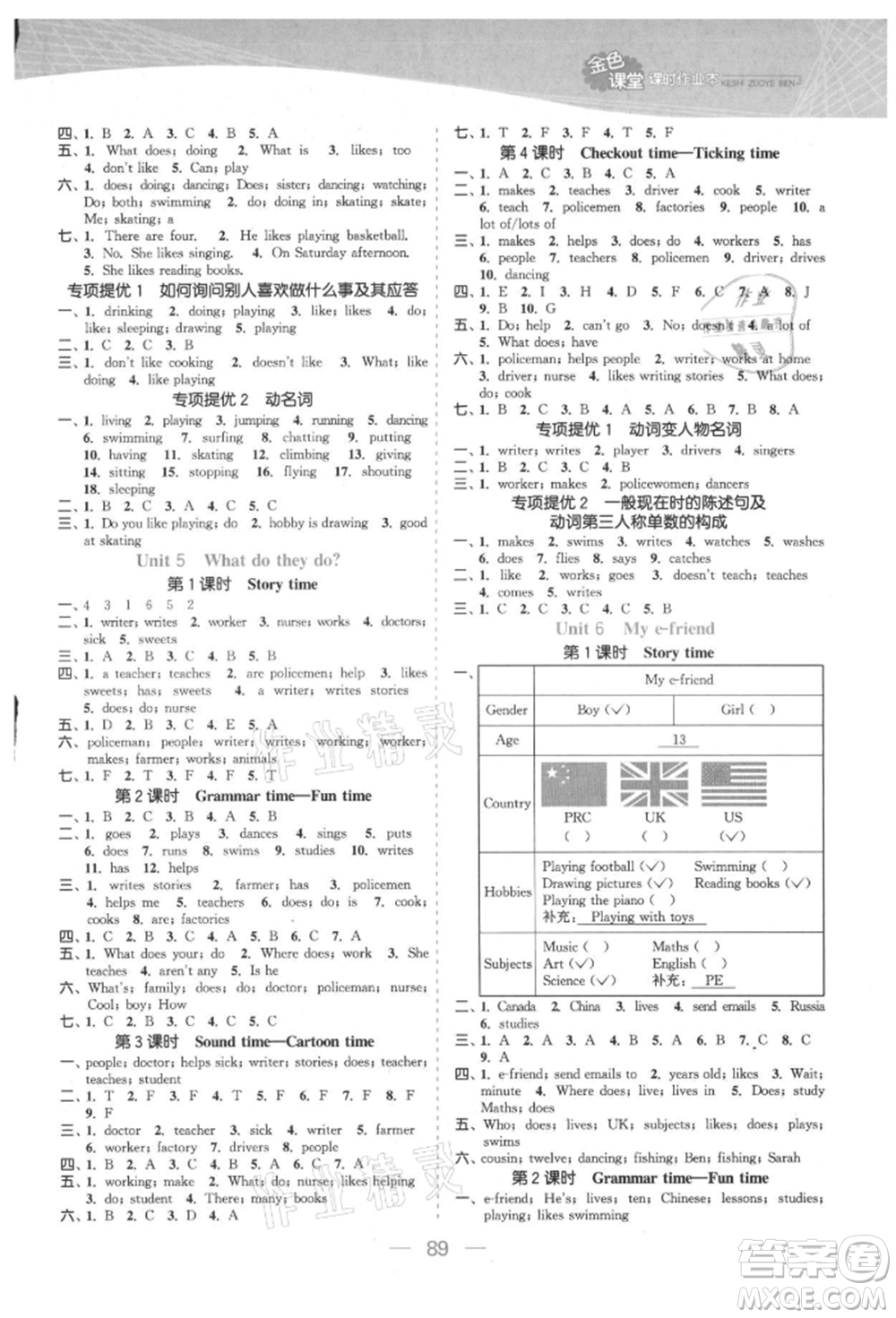 北方婦女兒童出版社2021金色課堂課時(shí)作業(yè)本五年級(jí)英語上冊(cè)江蘇版提優(yōu)版參考答案