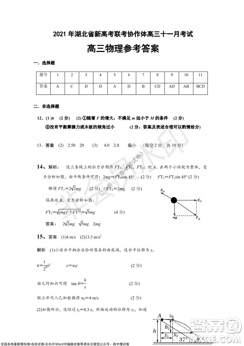 2021年湖北省新高考協(xié)作體高三年級十一月考試物理試題及答案