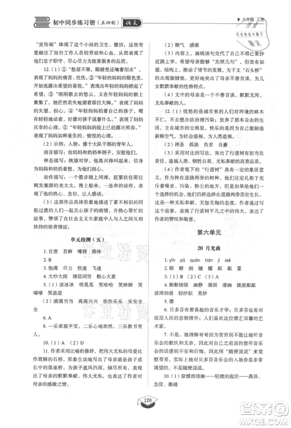 山東教育出版社2021初中同步練習(xí)冊(cè)五四制六年級(jí)語(yǔ)文上冊(cè)人教版參考答案