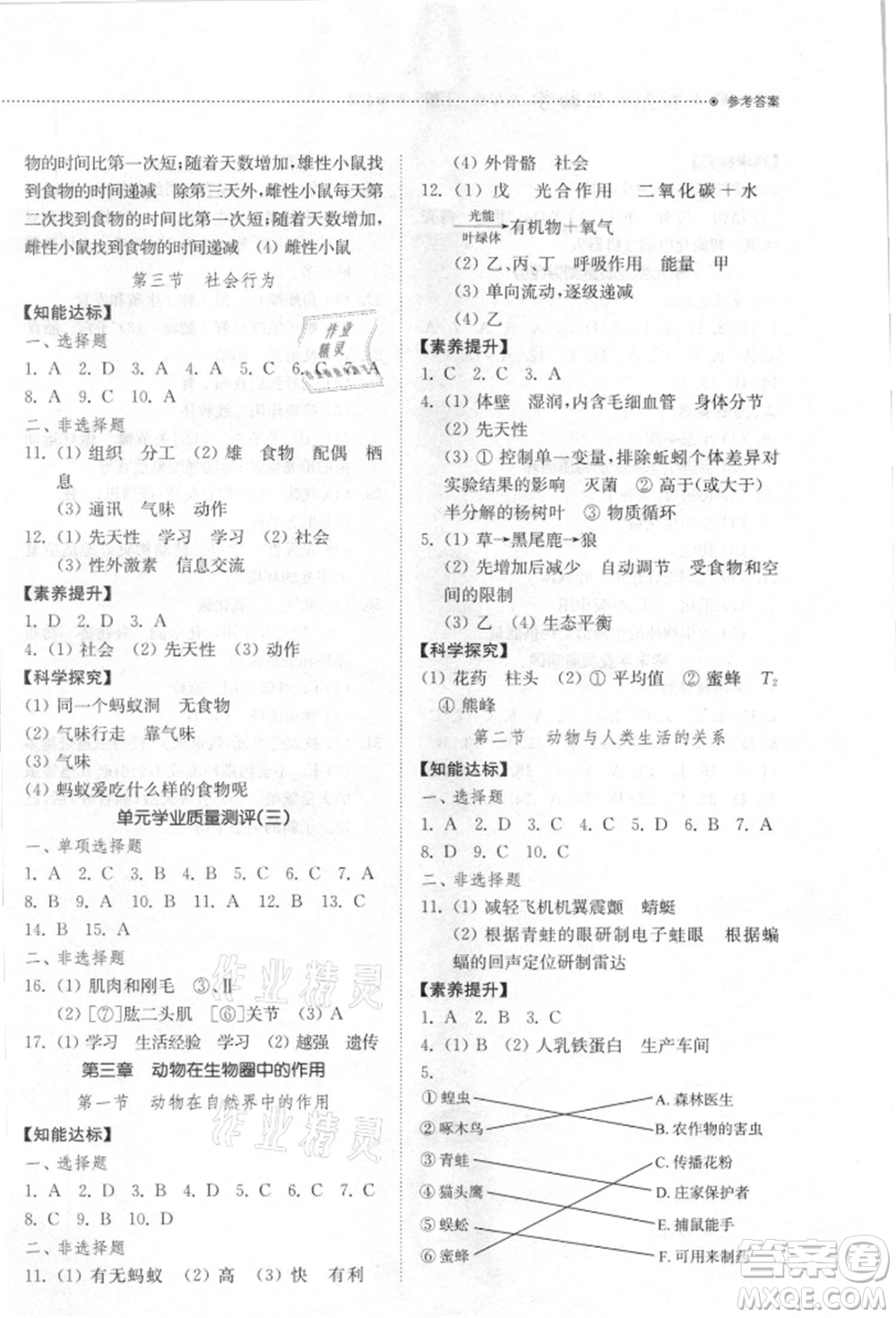 山東教育出版社2021初中同步練習(xí)冊(cè)五四制八年級(jí)生物學(xué)上冊(cè)魯科版參考答案