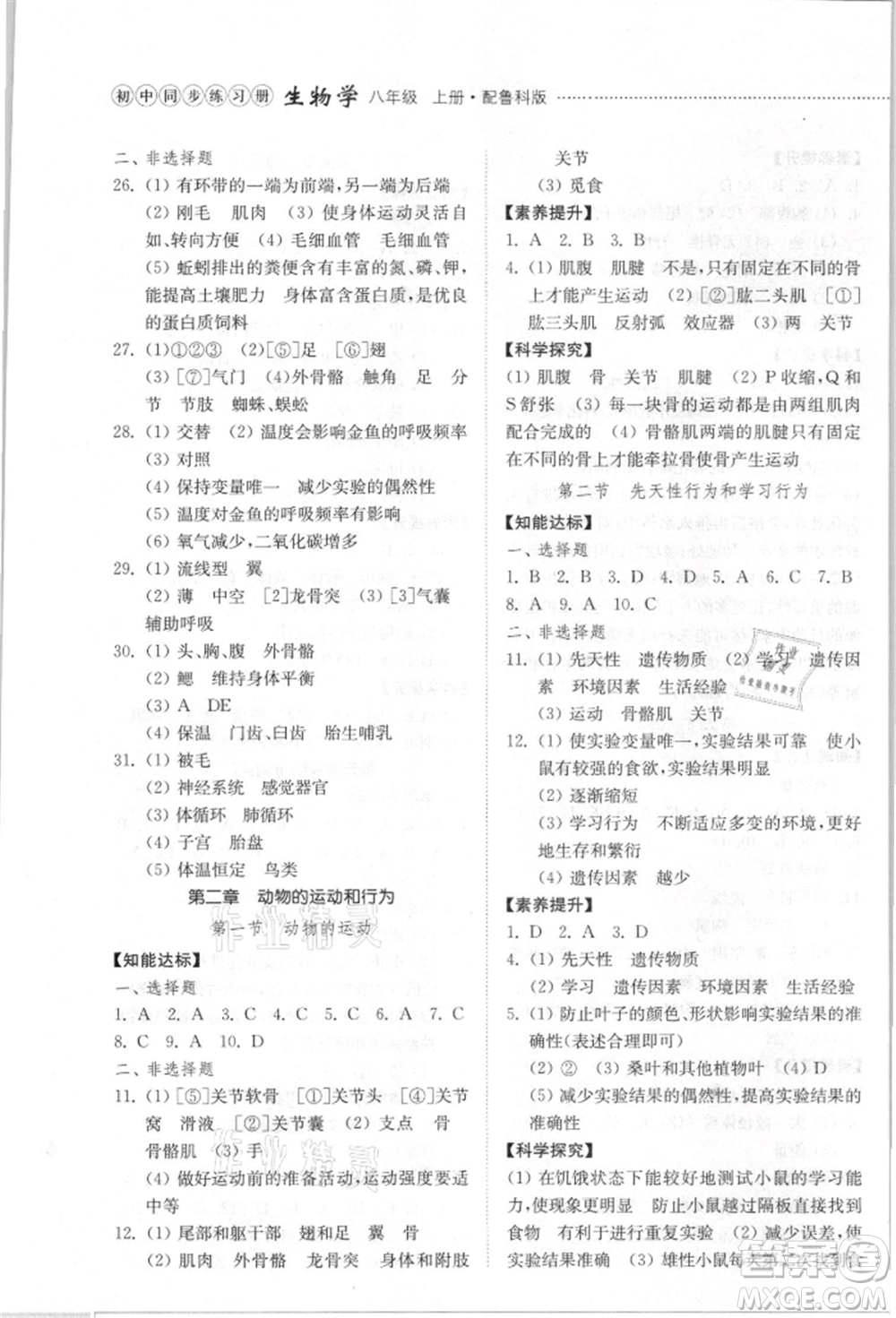 山東教育出版社2021初中同步練習(xí)冊(cè)五四制八年級(jí)生物學(xué)上冊(cè)魯科版參考答案