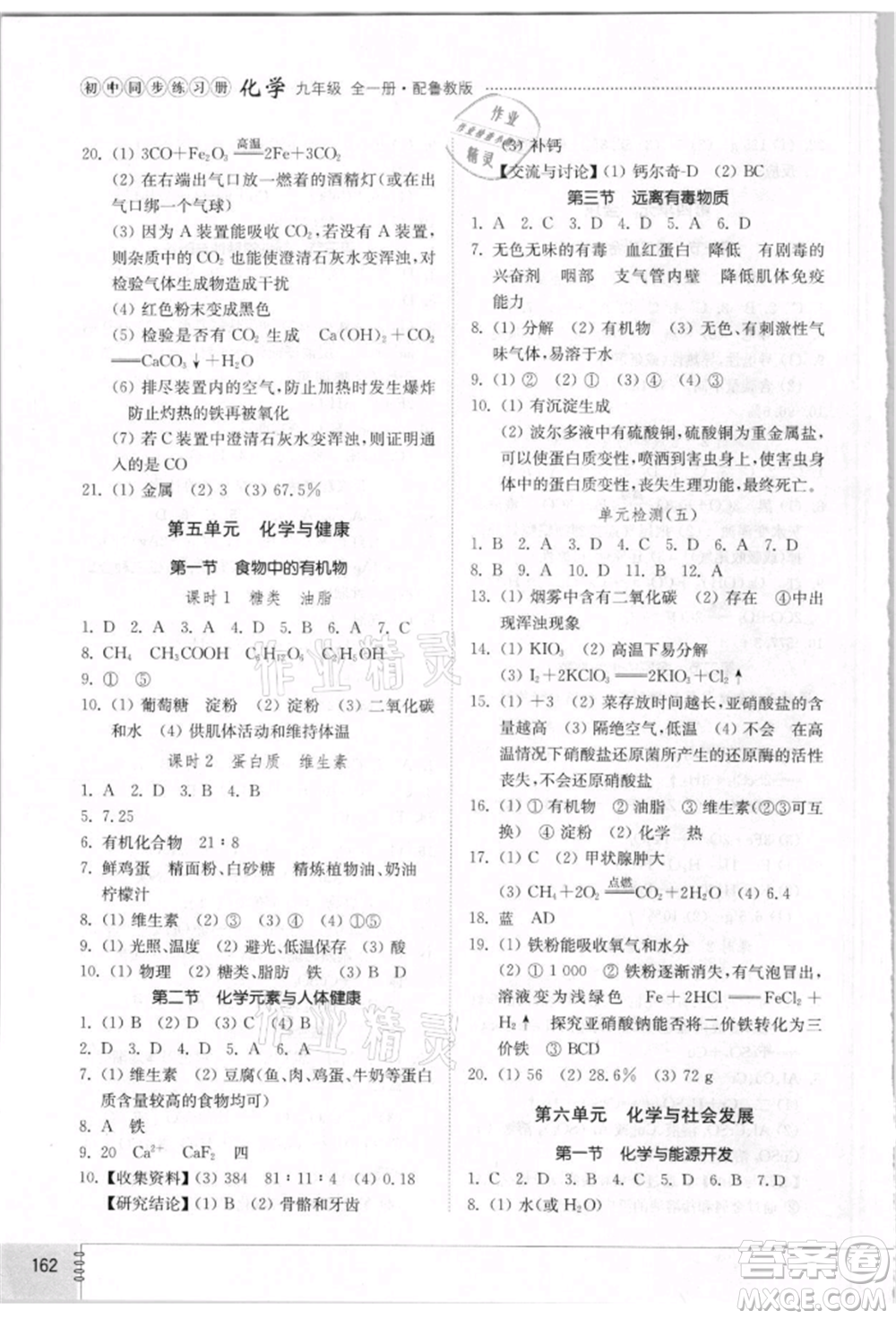 山東教育出版社2021初中同步練習(xí)冊(cè)五四制九年級(jí)化學(xué)魯教版參考答案