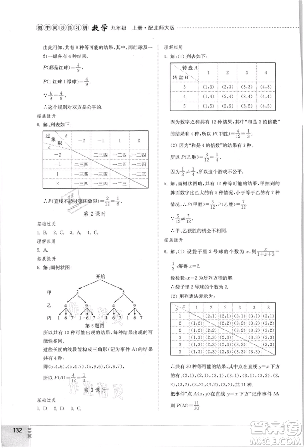 山東教育出版社2021初中同步練習(xí)冊(cè)九年級(jí)數(shù)學(xué)上冊(cè)北師大版參考答案