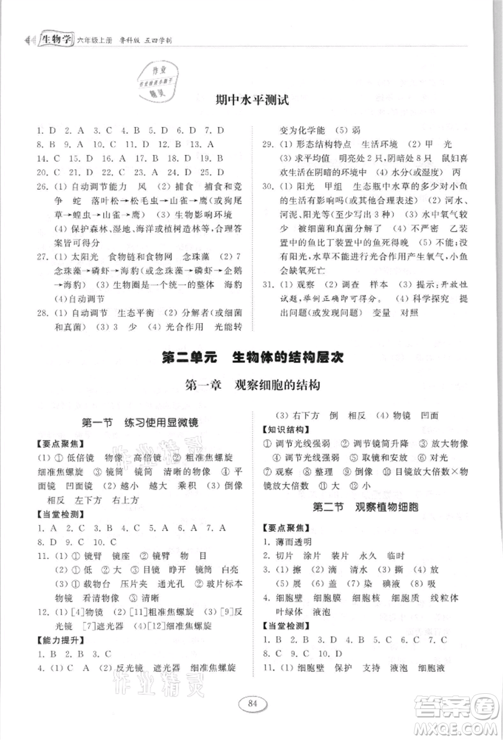 山東科學(xué)技術(shù)出版社2021初中同步練習(xí)冊(cè)五四制六年級(jí)上冊(cè)生物學(xué)魯科版參考答案