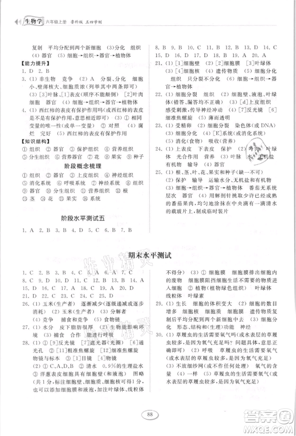 山東科學(xué)技術(shù)出版社2021初中同步練習(xí)冊(cè)五四制六年級(jí)上冊(cè)生物學(xué)魯科版參考答案