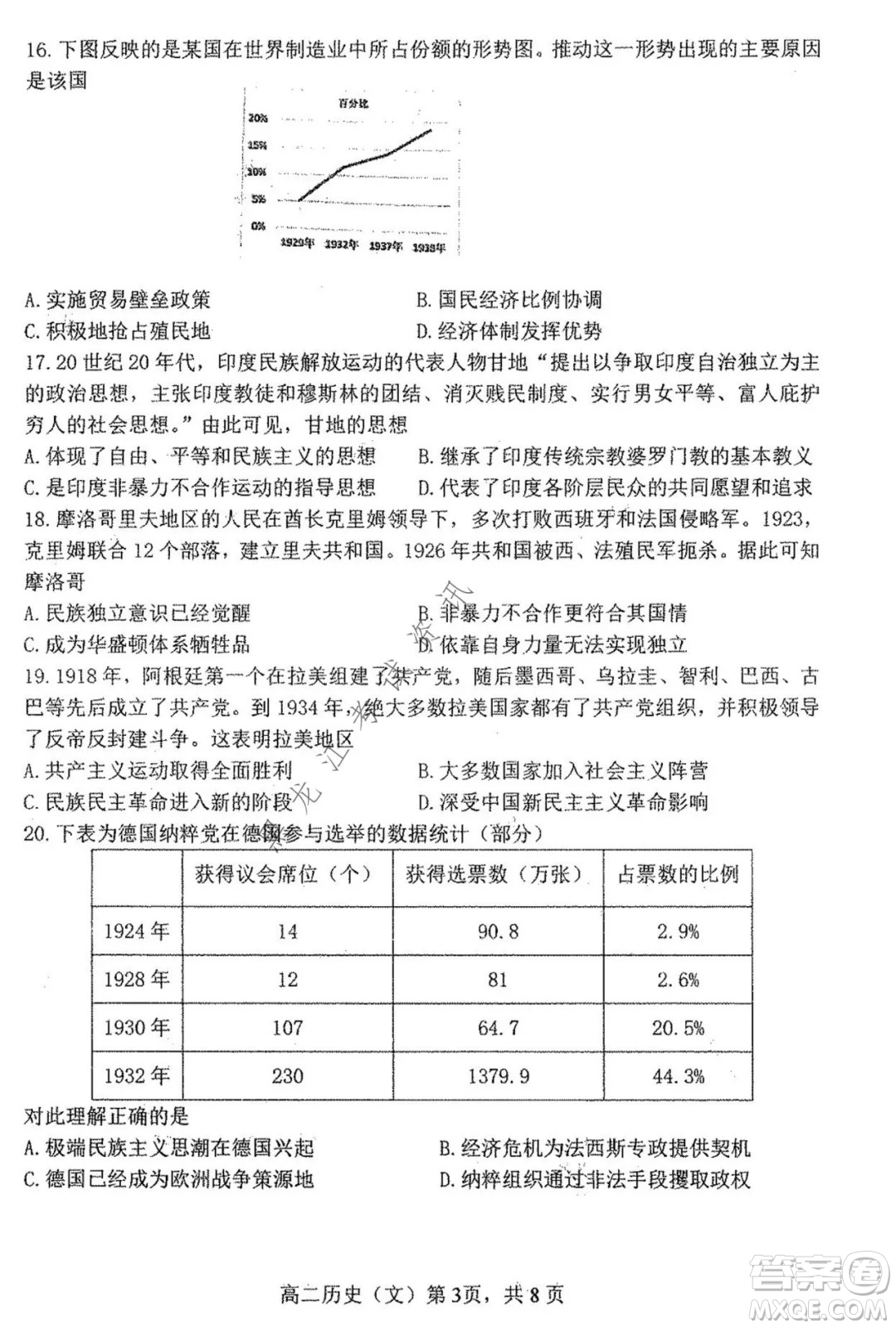 哈三中2021-2022學年度上學期高二學年第一學段考試歷史文科試卷及答案