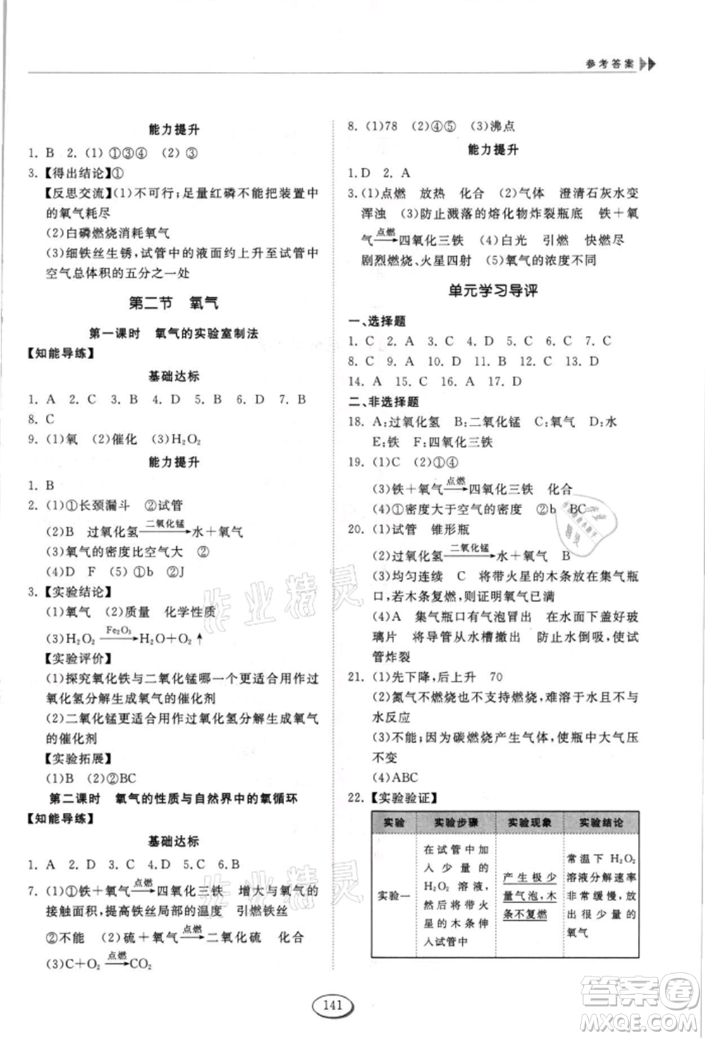 山東科學技術(shù)出版社2021初中同步練習冊五四制八年級化學魯教版參考答案