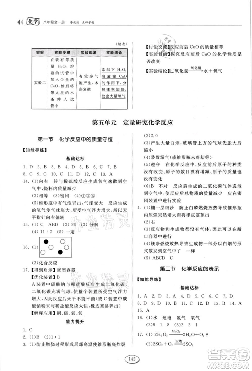 山東科學技術(shù)出版社2021初中同步練習冊五四制八年級化學魯教版參考答案