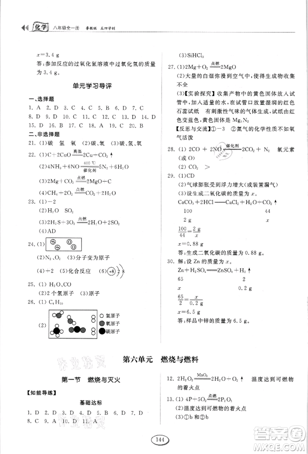 山東科學技術(shù)出版社2021初中同步練習冊五四制八年級化學魯教版參考答案